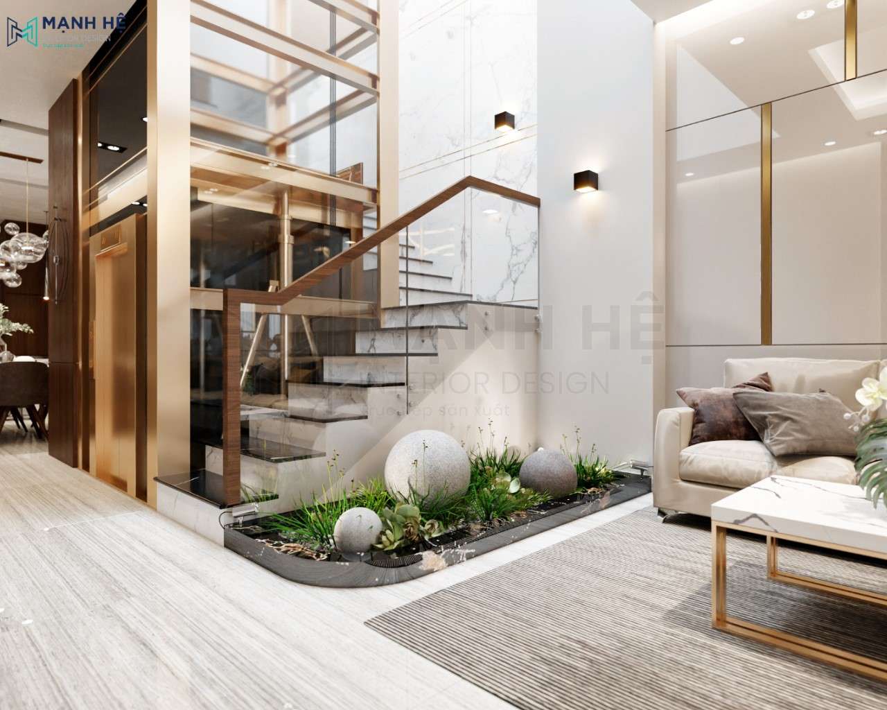 Tiểu cảnh khô dưới chân cầu thang đem đến không gian xanh cho không gian