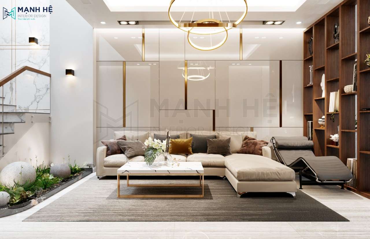 Bộ bàn ghế sofa chữ L lớn đặt giữa trung tâm phòng khách nhà ống đẹp sang trọng