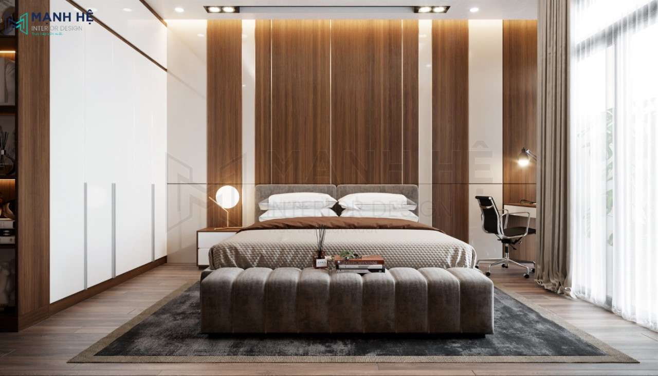 Thiết kế nội thất phòng ngủ thứ 3 đẹp sang trọng với vách ốp gỗ đầu giường