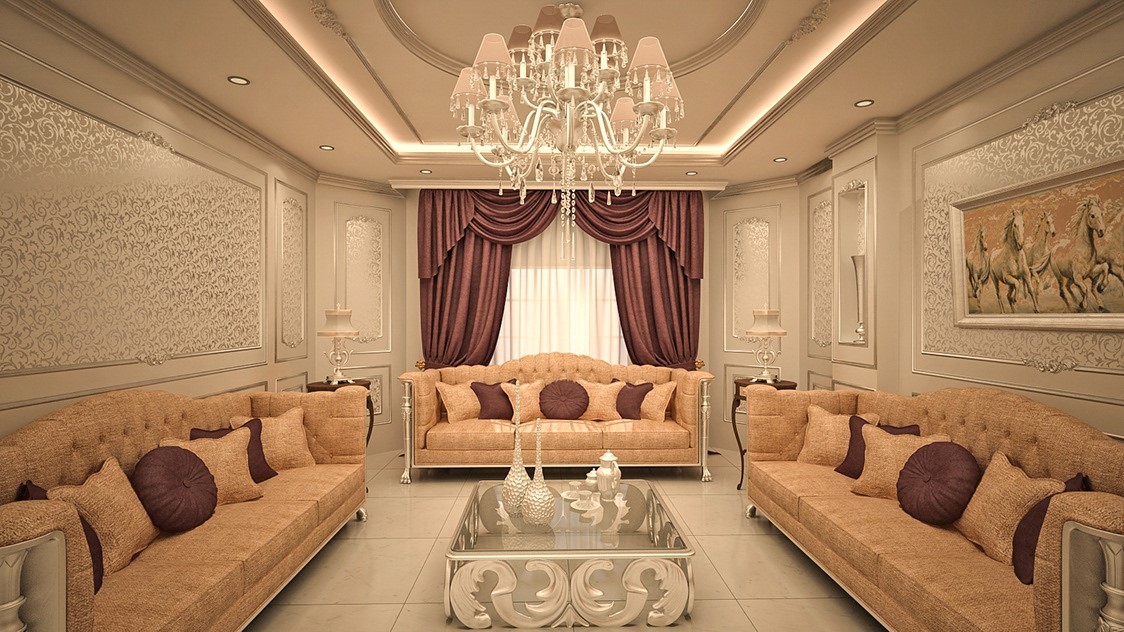 Phòng khách biệt thự cổ điển có thiết kế đối xứng hoàn hảo với điểm nhấn là bộ ghế sofa màu da cam đầy cuốn hút