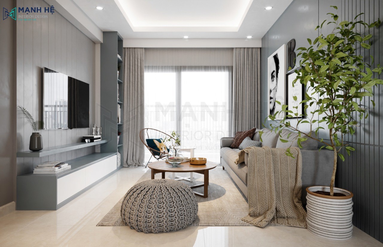 Tổng quan không gian phòng khách được thiết kế từ chất liệu gỗ công nghiệp