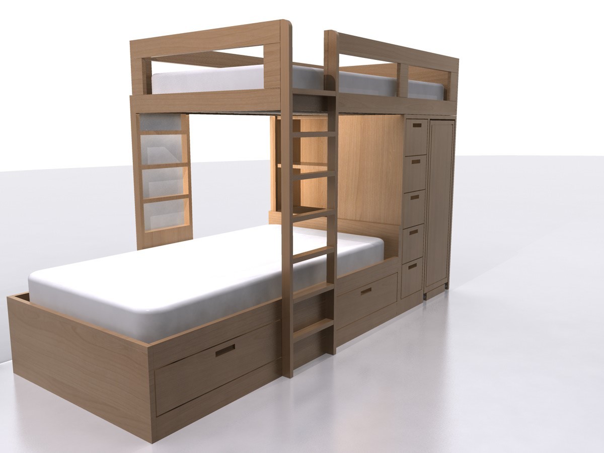 Giường tầng có tủ quần áo bằng gỗ sồi tự nhiên