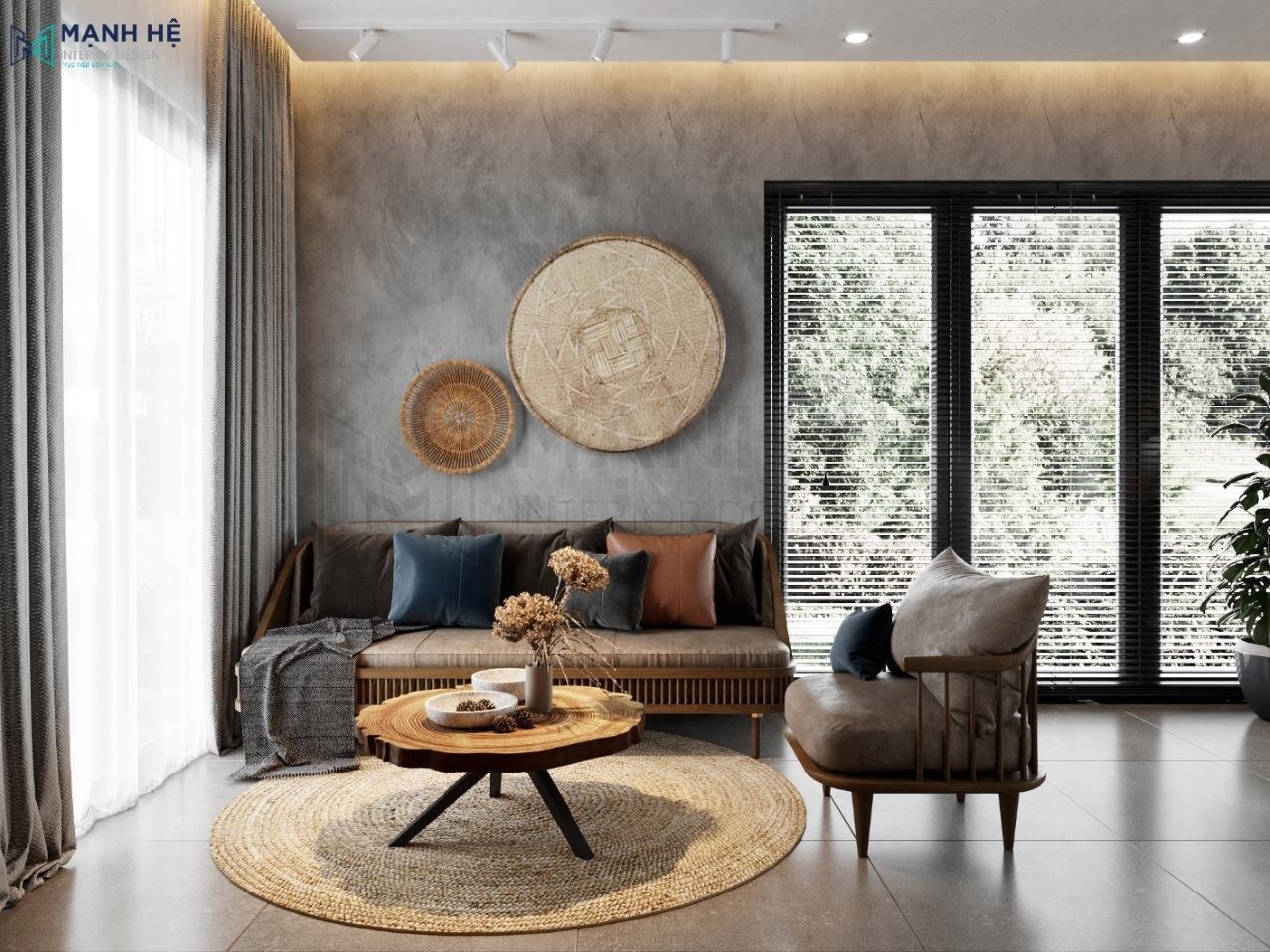 Thiết kế nội thất phòng khách đẹp sử dụng giấy dán tường giả xi măng hiện đại