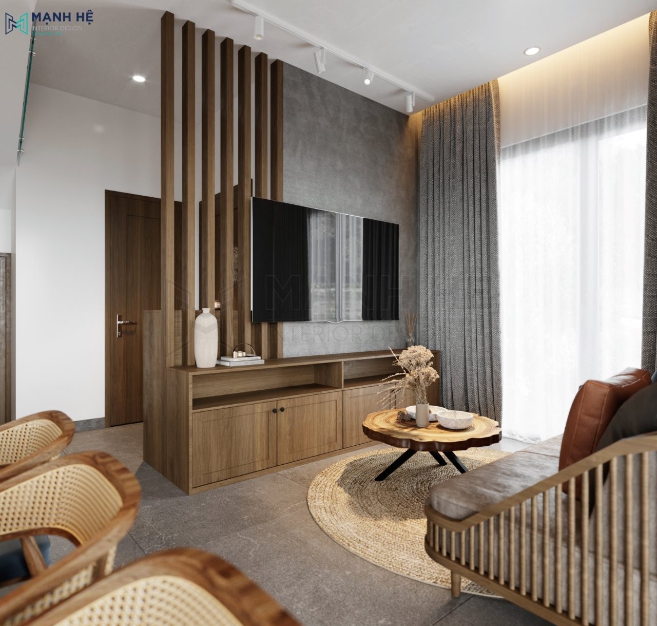 Vách lam gỗ đơn giản cho nội thất phòng khách hiện đại