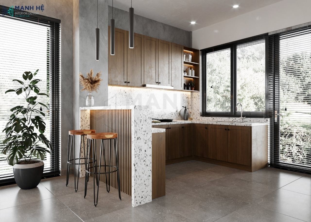 Không gian phòng bếp đẹp được thiết kế nhiều cửa kính tạo không gian thoáng đãng