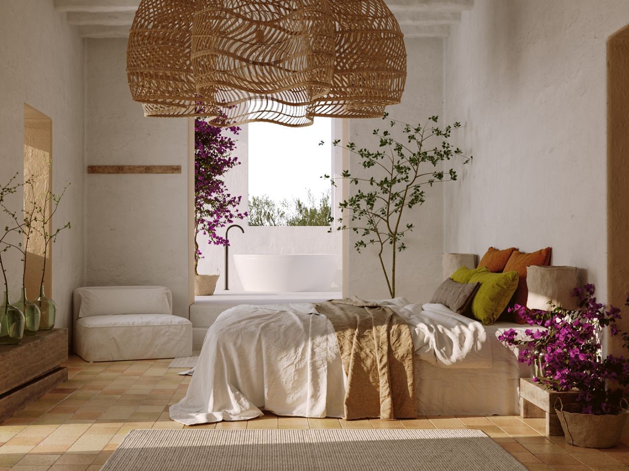 Thiết kế không gian phòng ngủ nhỏ màu trắng đơn giản với đồ nội thất từ thiên nhiên