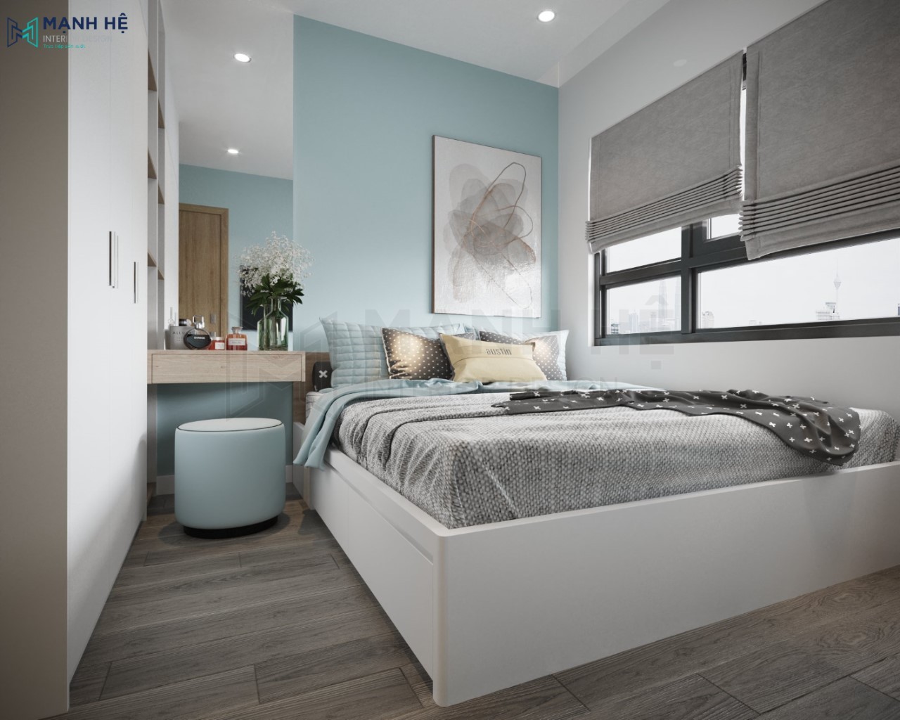 Thiết kế nội thất phòng ngủ màu xanh nhạt nhẹ nhàng ấm áp