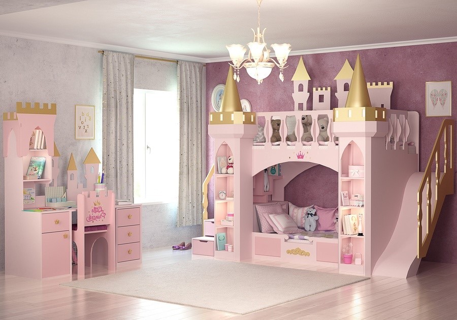 Mẫu 8: Giường tầng công chúa màu hồng kết hợp kệ 2 bên để gấu bông, đồ chơi