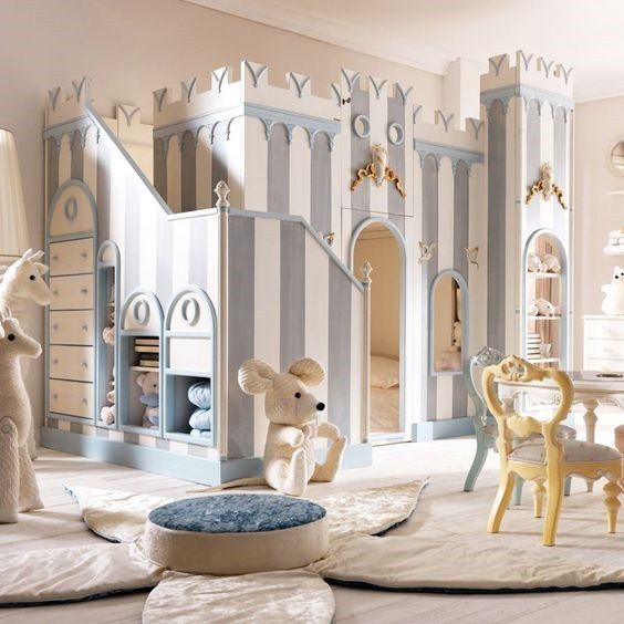 Mẫu 30: Giường tầng lâu đài sọc xanh trắng cho cả bé trai và bé gái