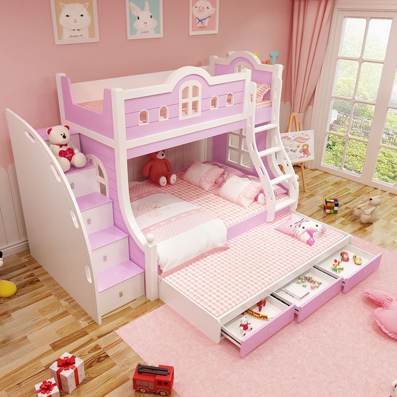 Giường 3 tầng màu tím dễ thương cho bé gái GT069