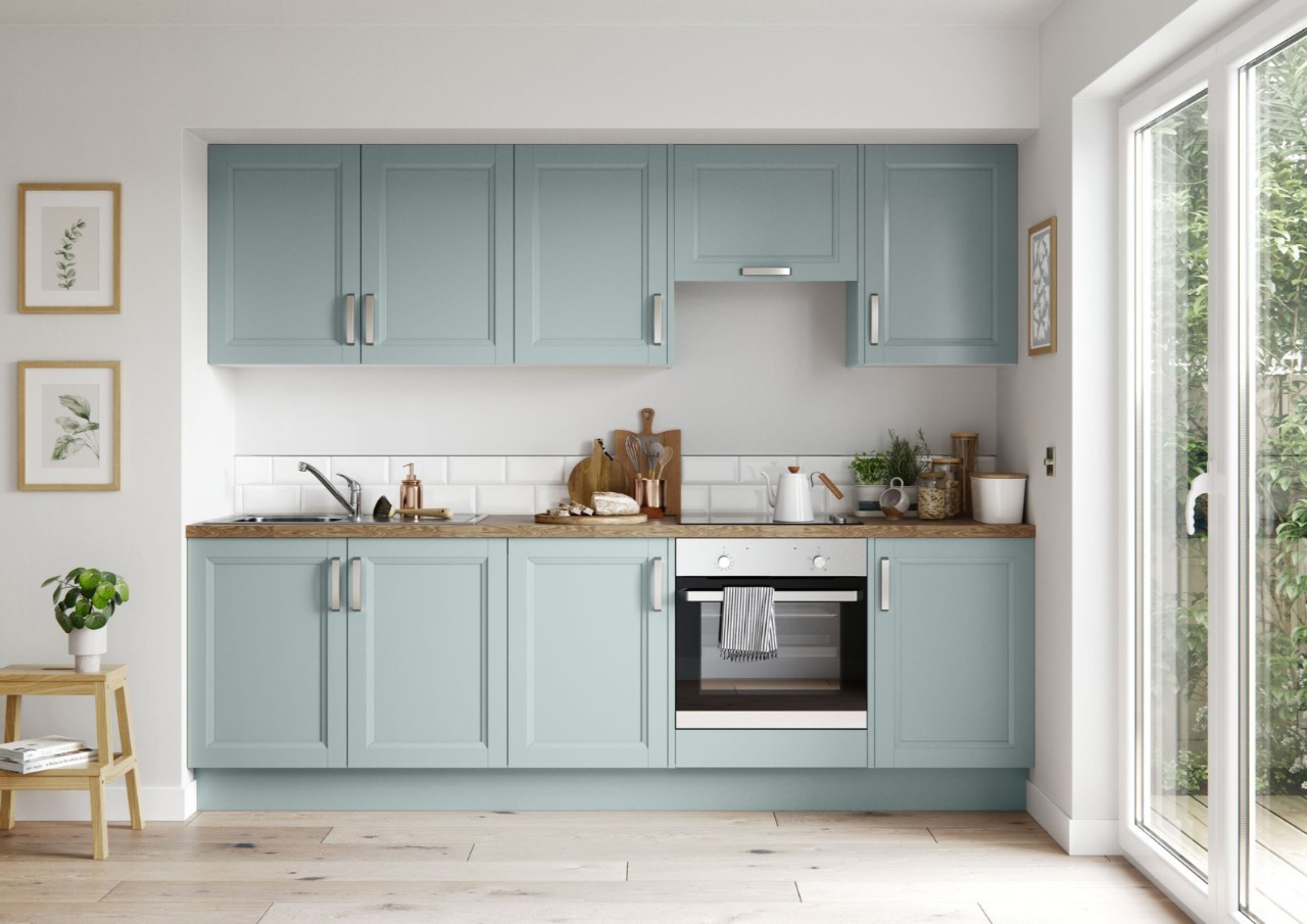 Tủ bếp nhỏ xinh màu xanh pastel ai nhìn cũng thích
