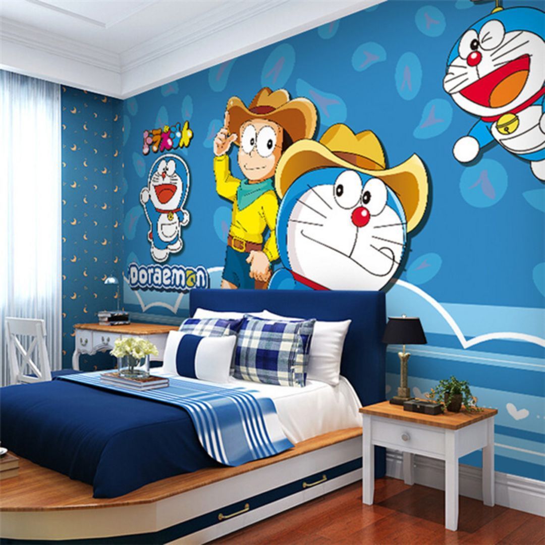 Sử dụng giấy dán tường đầu giường họa tiết Doremon và Nobita
