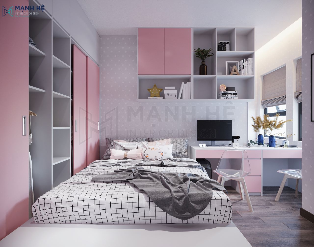 Thiết kế phòng ngủ màu hồng cho bé gái đẹp