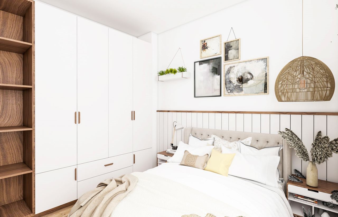 Tủ quần áo thiết kế âm tường sơn màu trắng tạo cảm giác cơi nới cho không gian