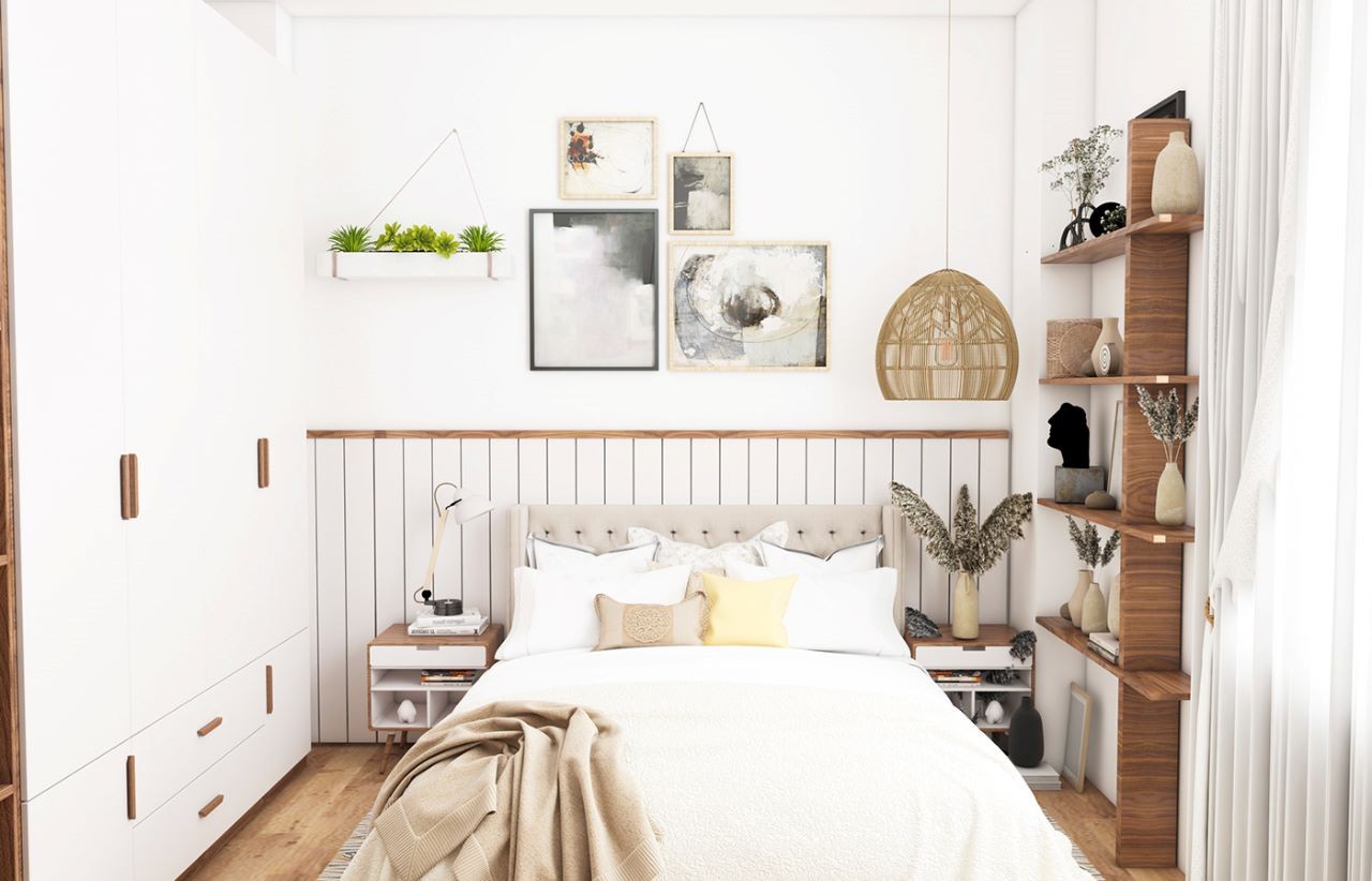 Thiết kế phòng ngủ kiểu dáng đơn giản với gam màu trắng chủ đạo