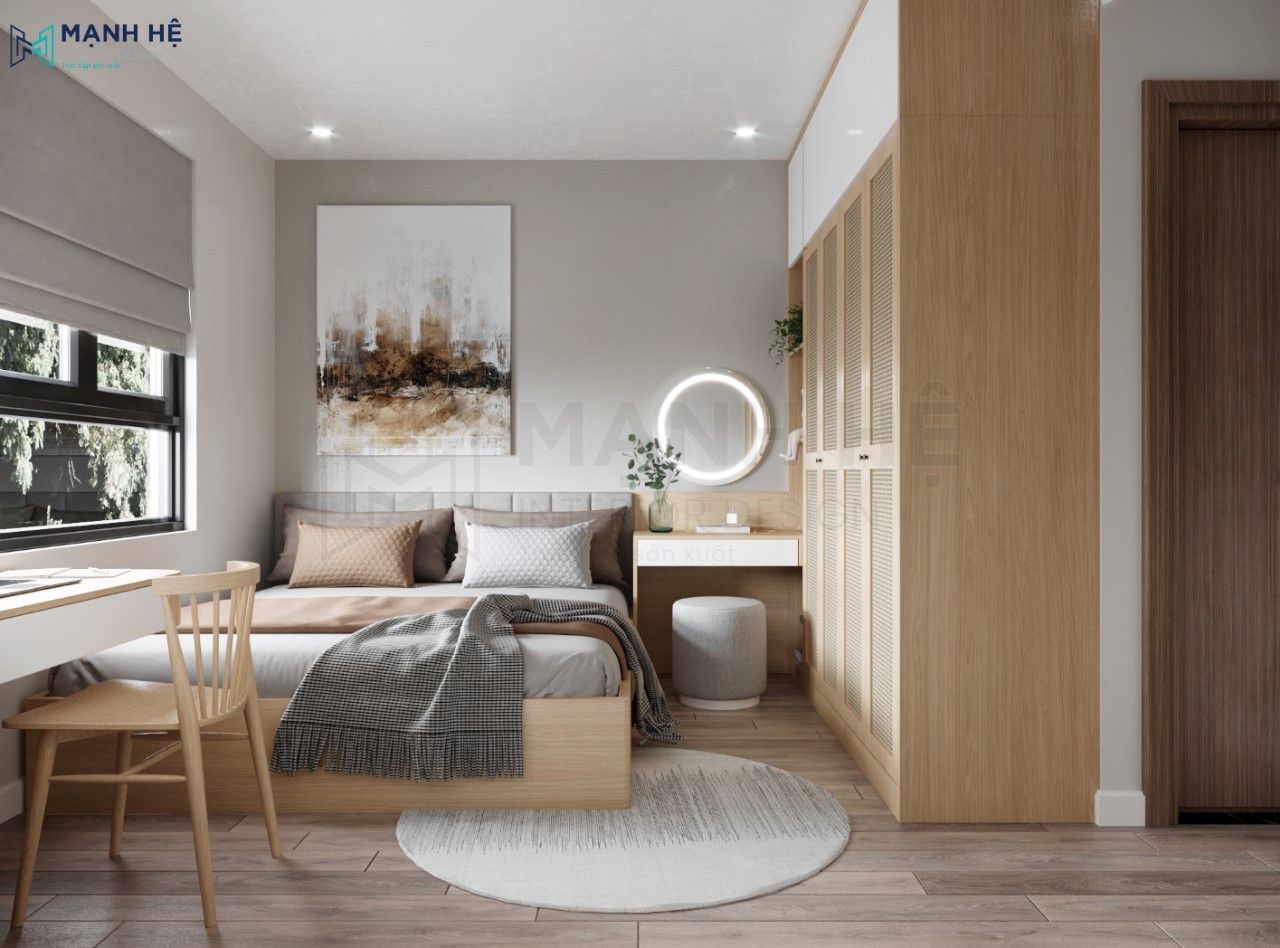 Thiết kế phòng ngủ master đẹp với đồ nội thất đồng bộ làm từ gỗ công nghiệp MDF
