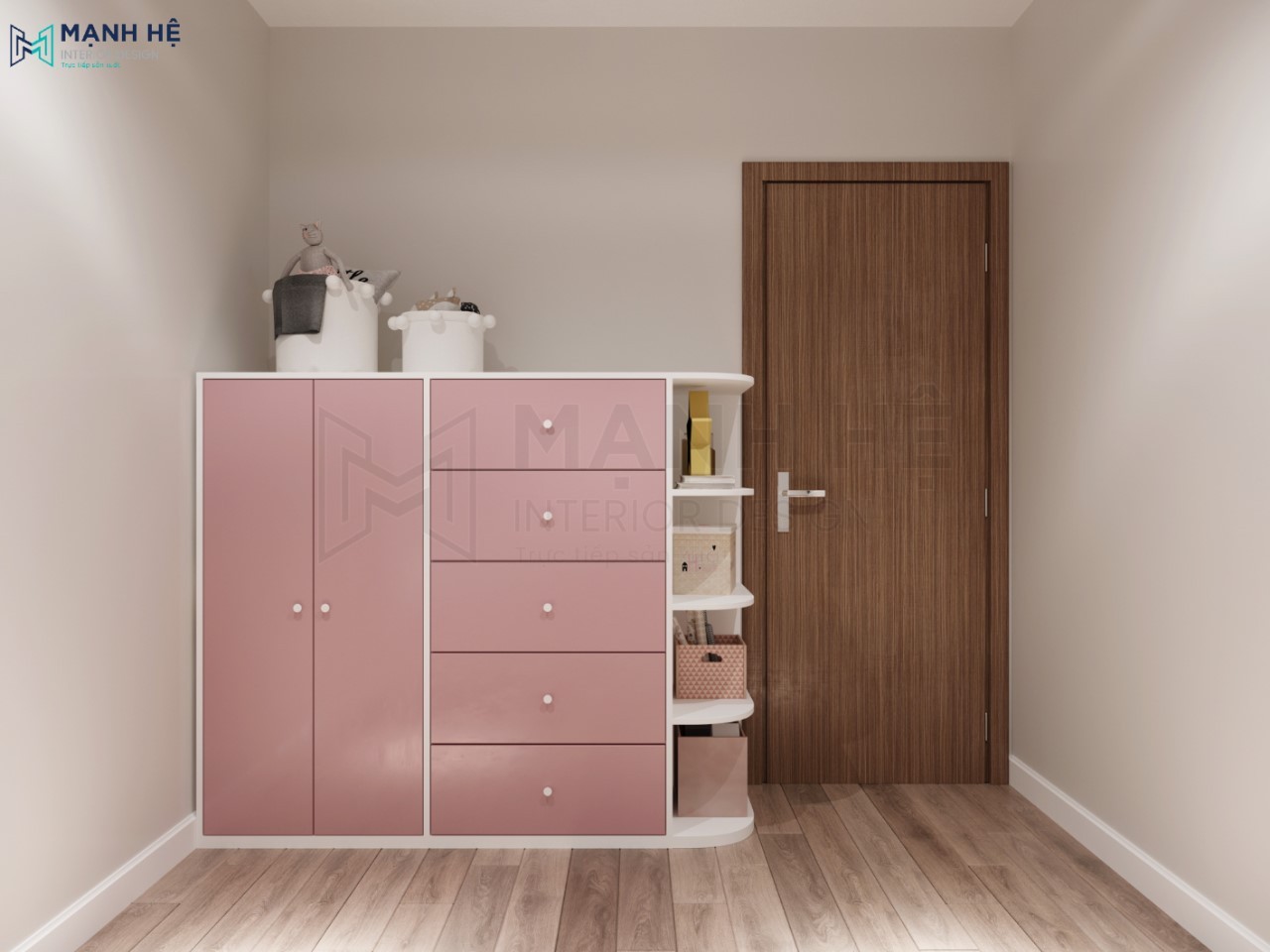Thiết kế phòng ngủ nhỏ cho bé với tủ đựng đồ nhỏ gọn sơn màu hồng xinh xắn