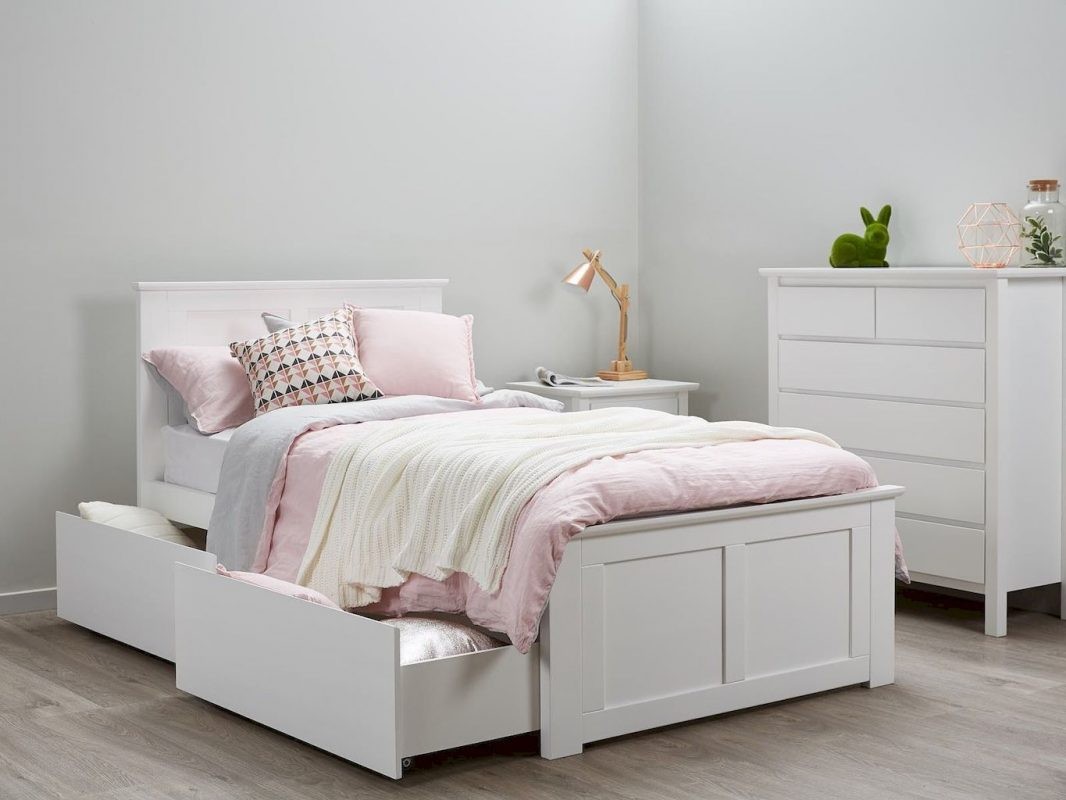 Mẫu giường ngủ đơn 1m2 x 2m25 tiêu chuẩn bằng gỗ sơn trắng cho trẻ em