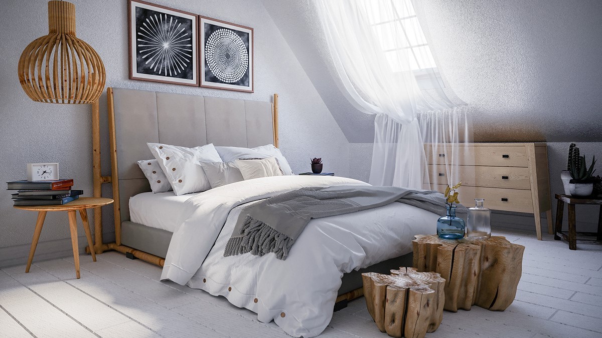 Thiết kế phòng ngủ gác mái phong cách scandinavian với gam màu trắng chủ đạo