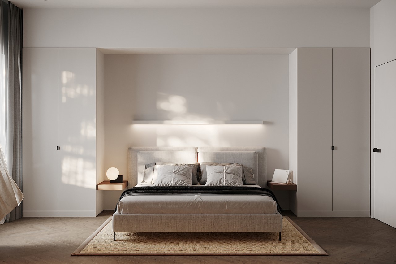 Thiết kế phòng ngủ gam màu trắng đơn giản tiện nghi