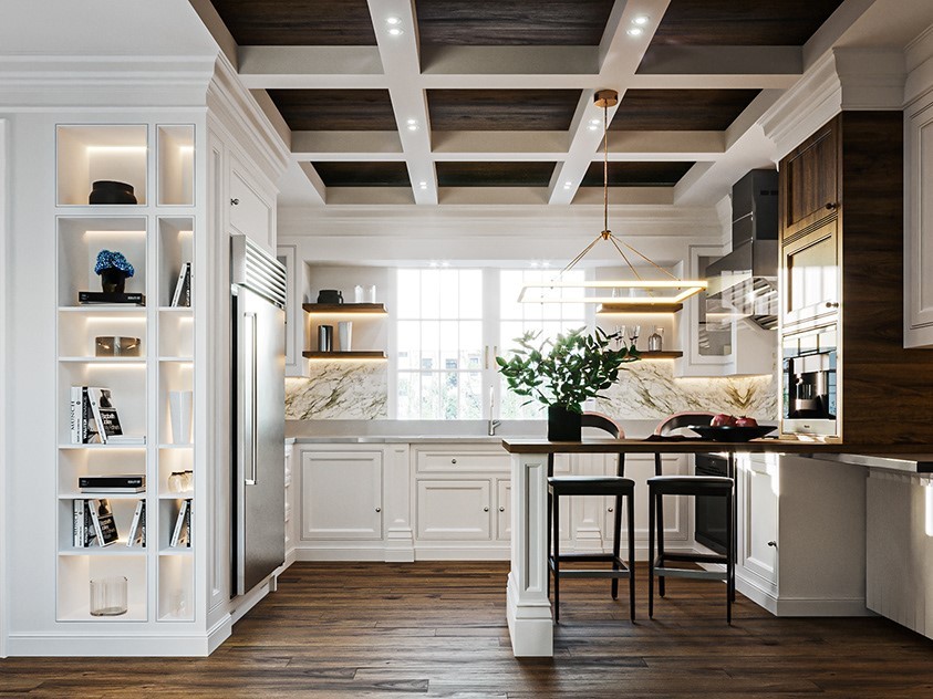 Thiết kế phòng bếp biệt thự phong cách tân cổ điển có bàn đảo bếp