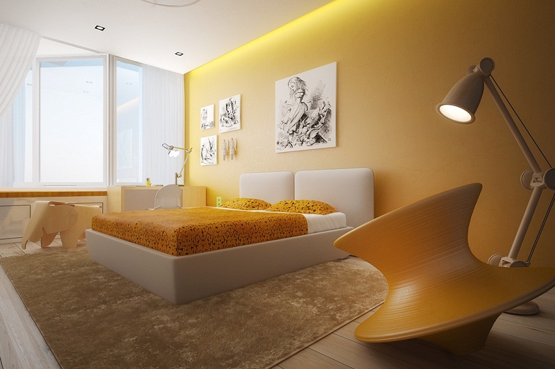 Trang trí phòng ngủ màu vàng với đa dạng chất liệu