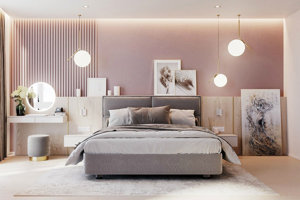 Mẫu phòng ngủ màu tím hồng thơ mộng
