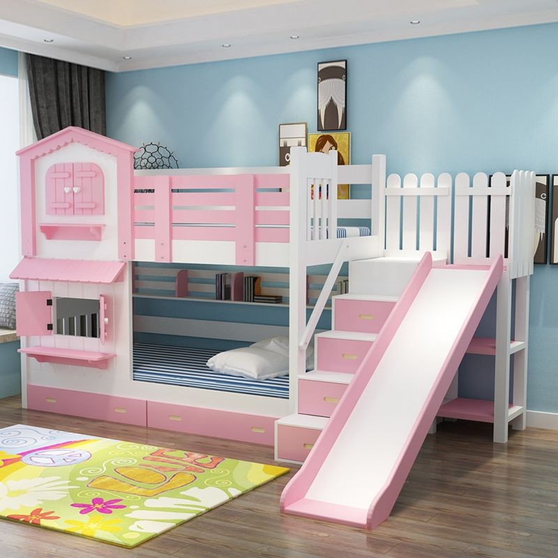 Giường tầng ngôi nhà nhỏ đơn giản màu hồng cho bé gái