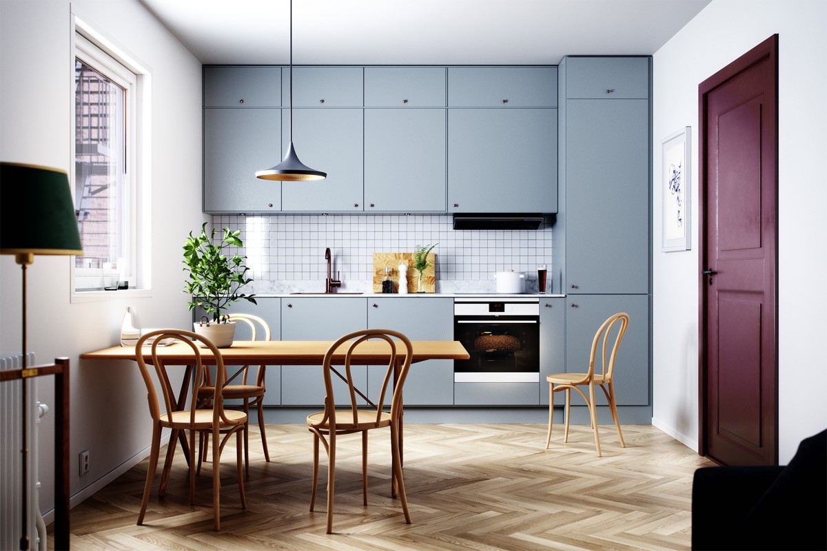 Tủ bếp màu xanh ngọc kết hợp màu xám hiện đại sang trọng