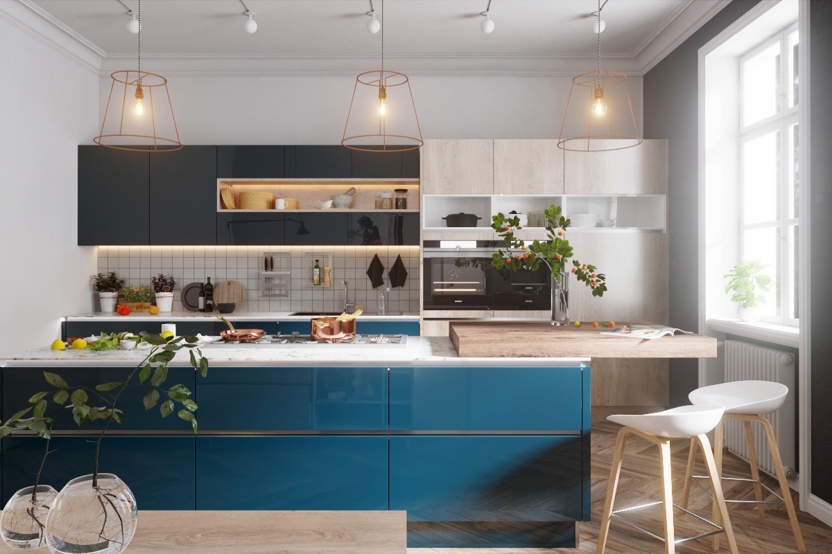 Tủ bếp gỗ acryic bóng gương màu xanh coban tinh tế