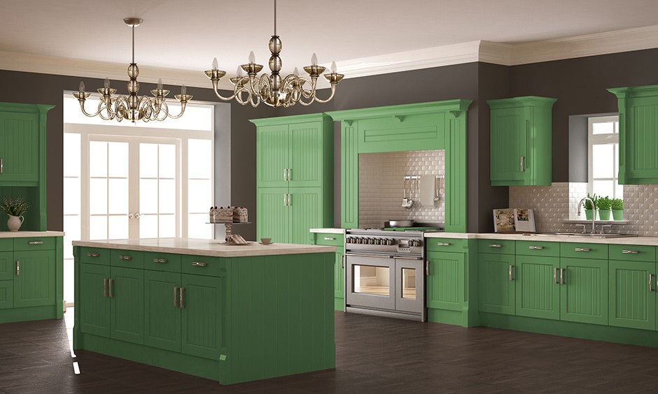 Tủ bếp màu xanh lá với lối thiết kế tân cổ điển sang trọng