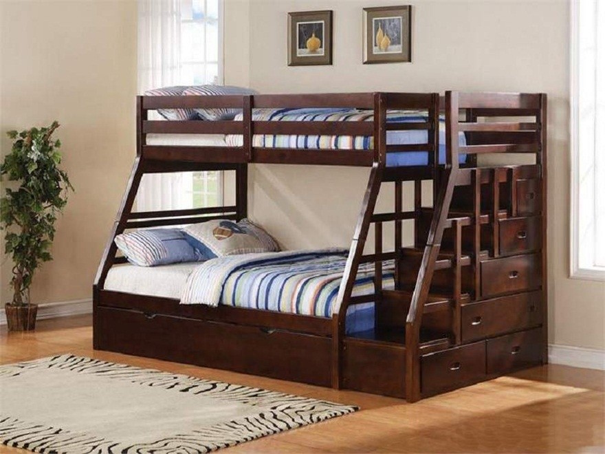 Thiết kế giường tầng gỗ sồi sơn màu nâu đen sang trọng cho không gian