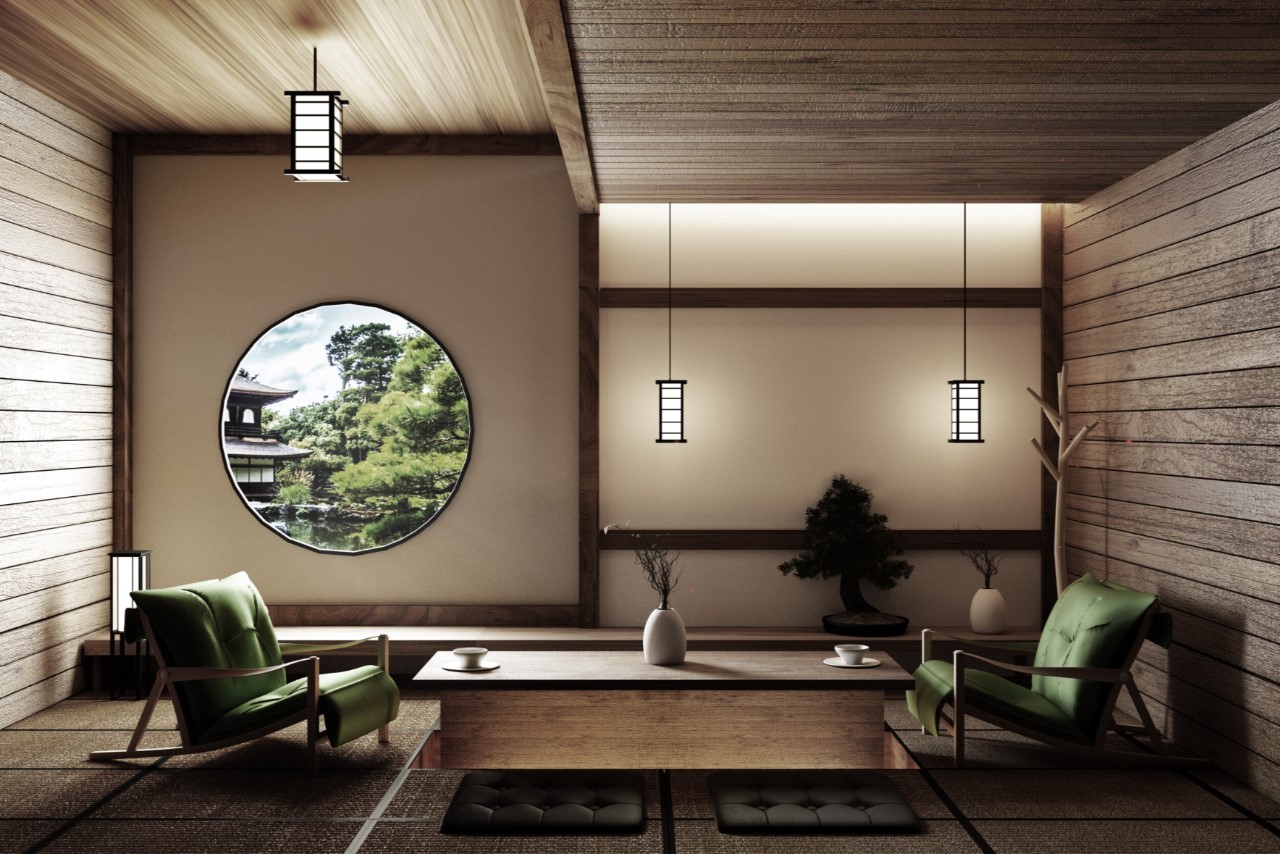 Phòng khách Zen tinh tế với điểm nhấn màu xanh lá