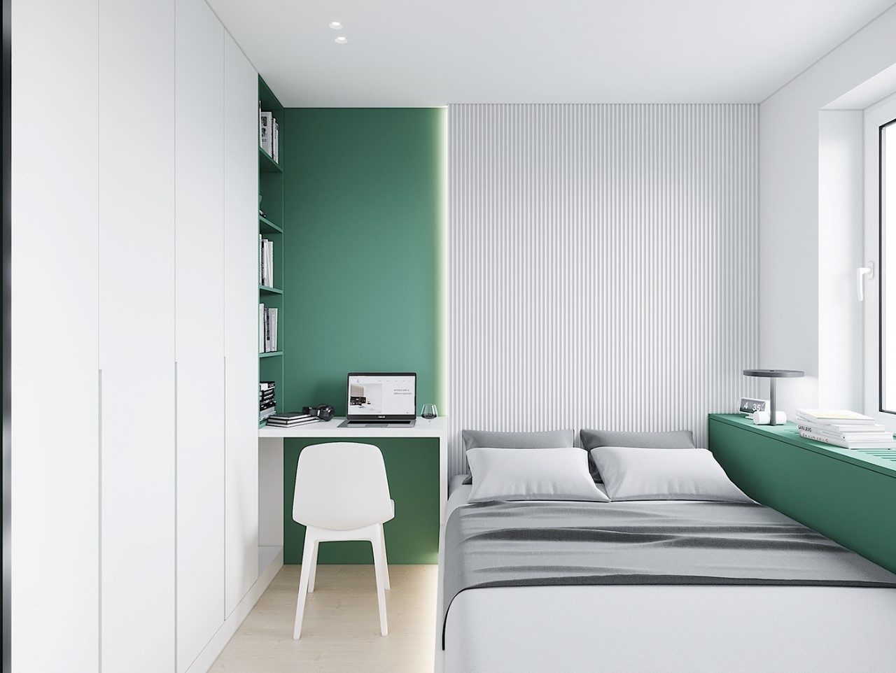 Phòng ngủ trẻ trung với điểm nhấn màu xanh lá