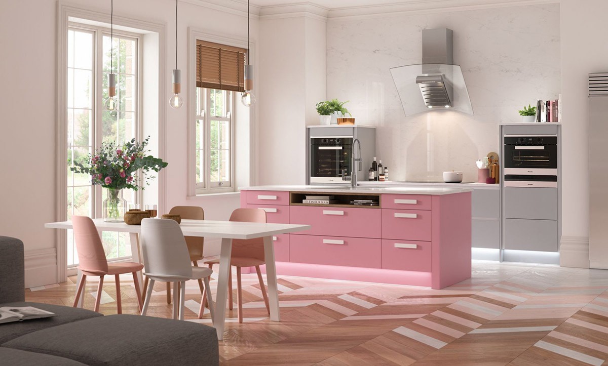 Thiết kế nhà bếp màu hồng xanh pastel