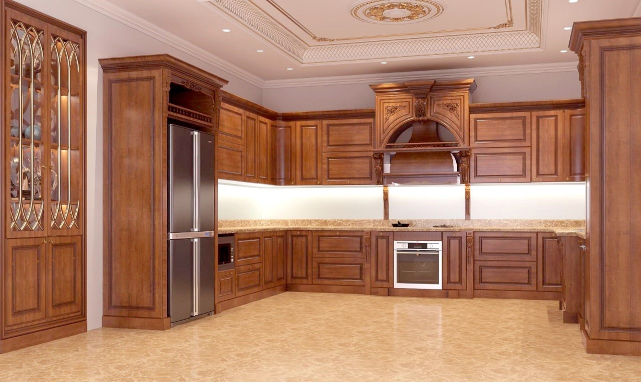 Mẫu tủ bếp phù hợp với những không gian bếp rộng và yêu thích phong cách cổ điển