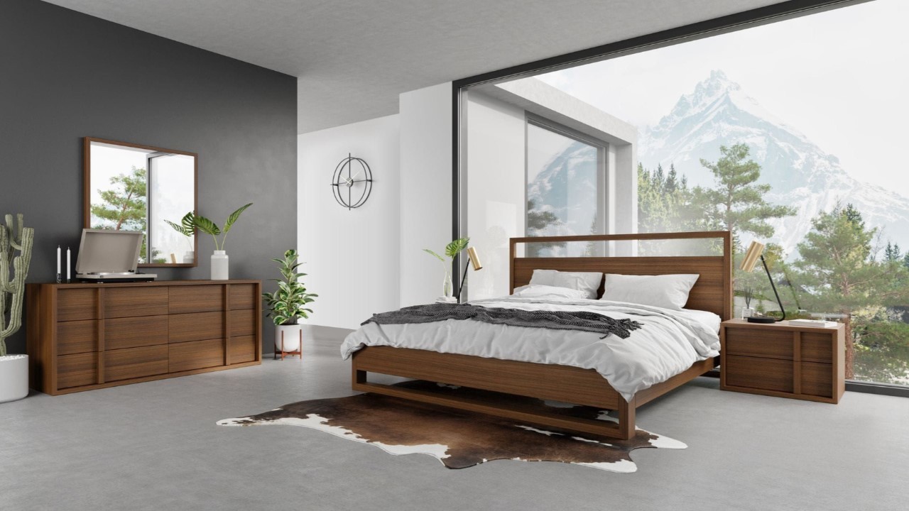 Tạo không gian mở trong thiết kế nội thất phòng ngủ gỗ óc chó tự nhiên