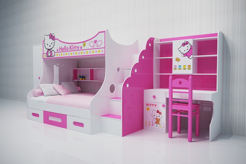 Giường tầng Hello Kitty kèm bàn học kiểu dáng tương tự