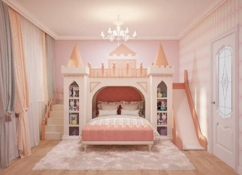Giường tầng lâu đài có cầu trượt màu hồng cho bé gái