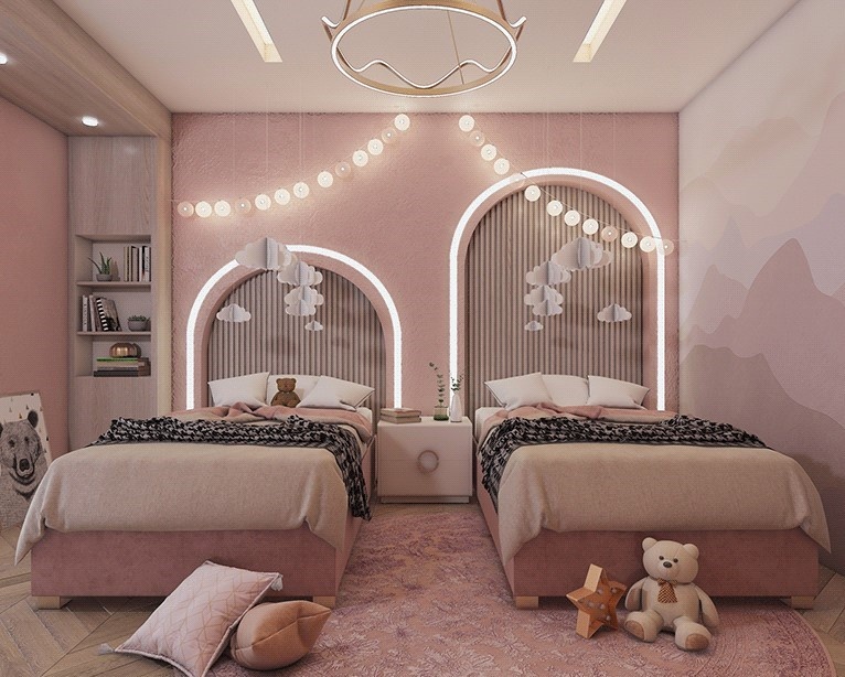 Thiết kế phòng ngủ màu hồng cho 2 bé gái
