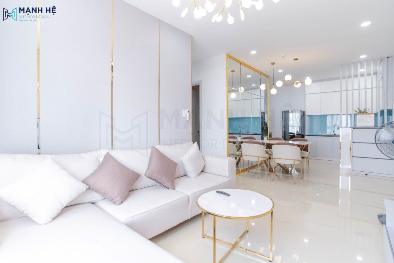 Không gian phòng khách hiện đại với tông màu trắng cùng điểm nhấn màu vàng nổi bật
