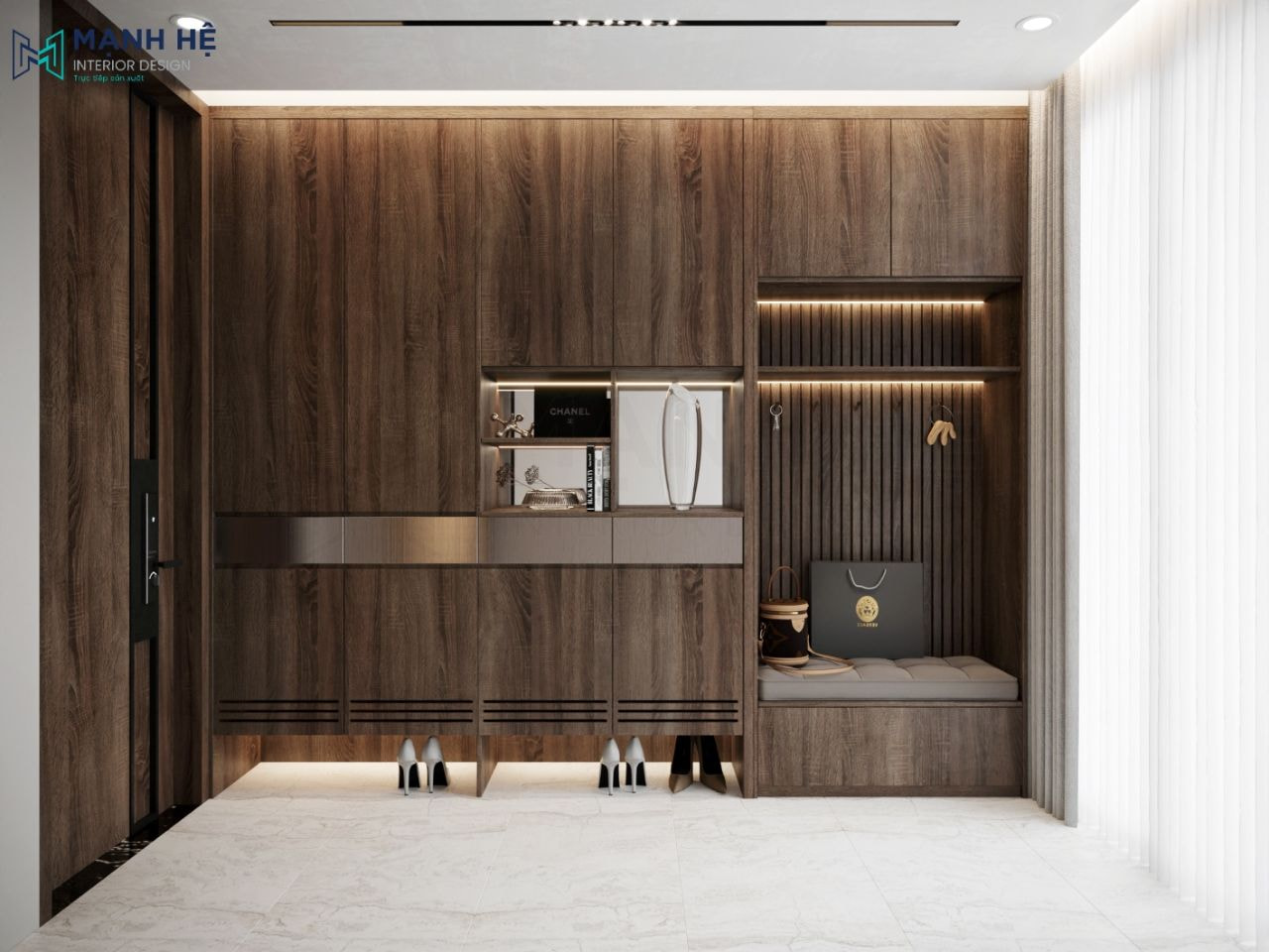 Hệ tủ giày lớn kết hợp ghế đôn ngồi thay giày đặt ngay cửa chính ra vào