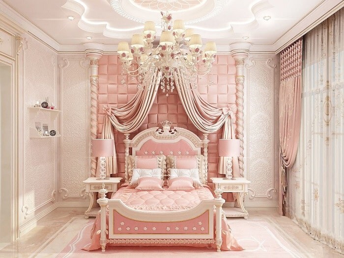 Phòng ngủ công chúa màu hồng cho bé gái