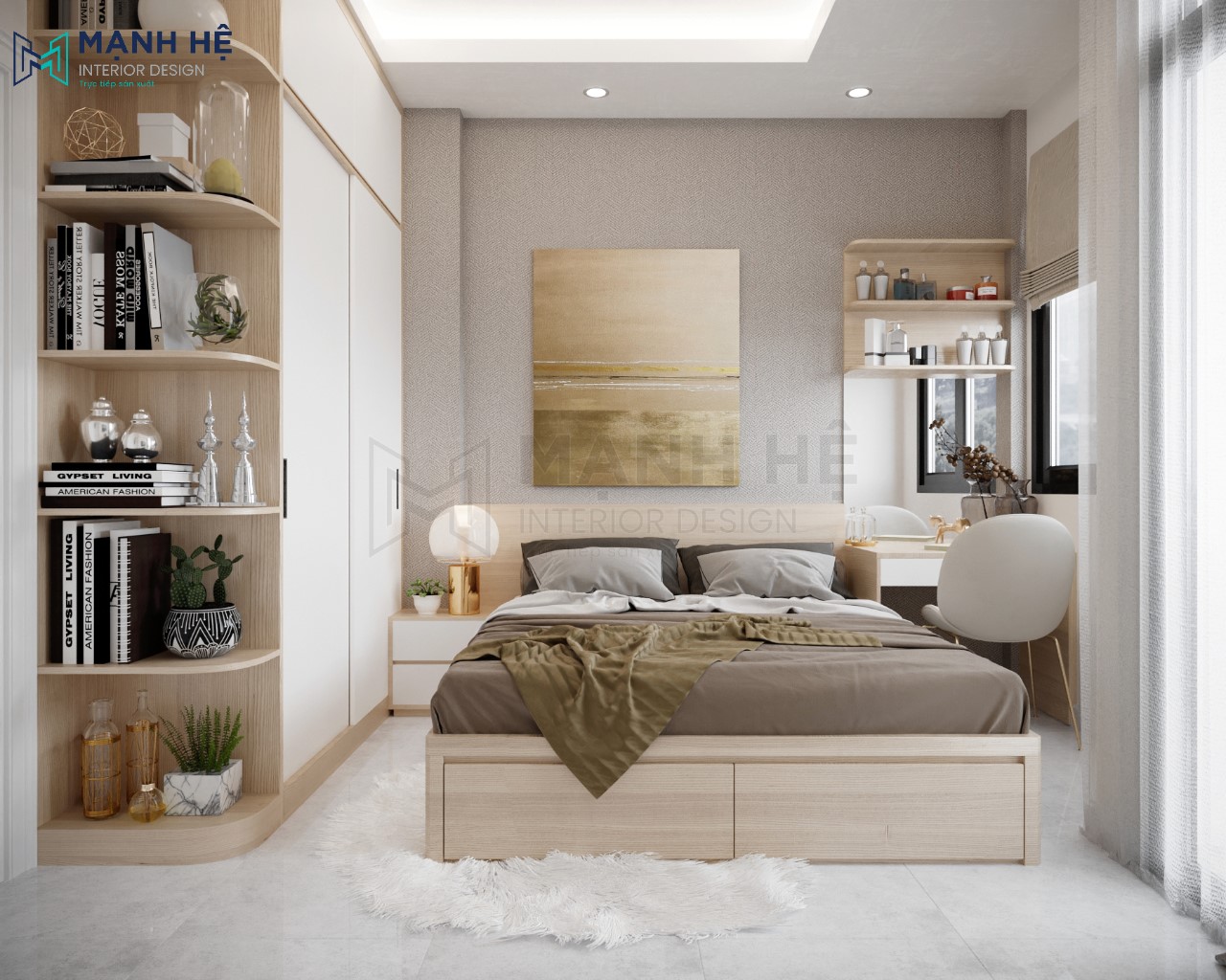Vách ốp gỗ đầu giường vừa mang vẻ đẹp hiện đại cho căn phòng vừa tạo cảm giác sạch sẽ khi nằm thư giãn