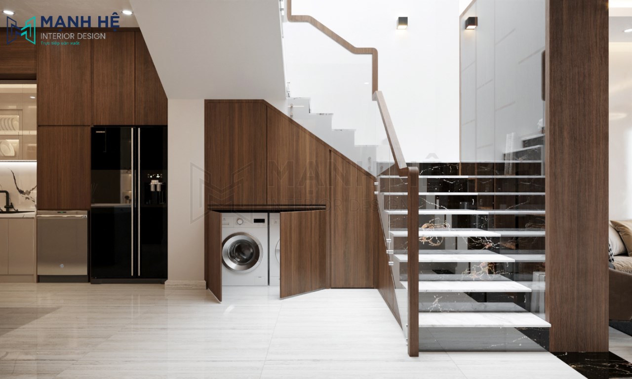 Gầm cầu thang được tận dụng làm tủ để máy giặt tiện nghi