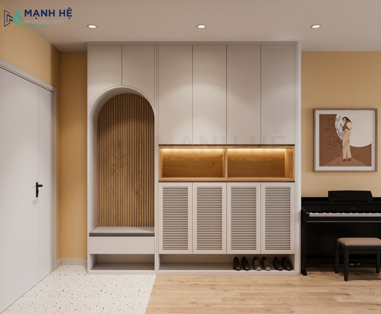 Tủ giày thông minh có bục ngồi mang giày dép được bo tròn cách điệu