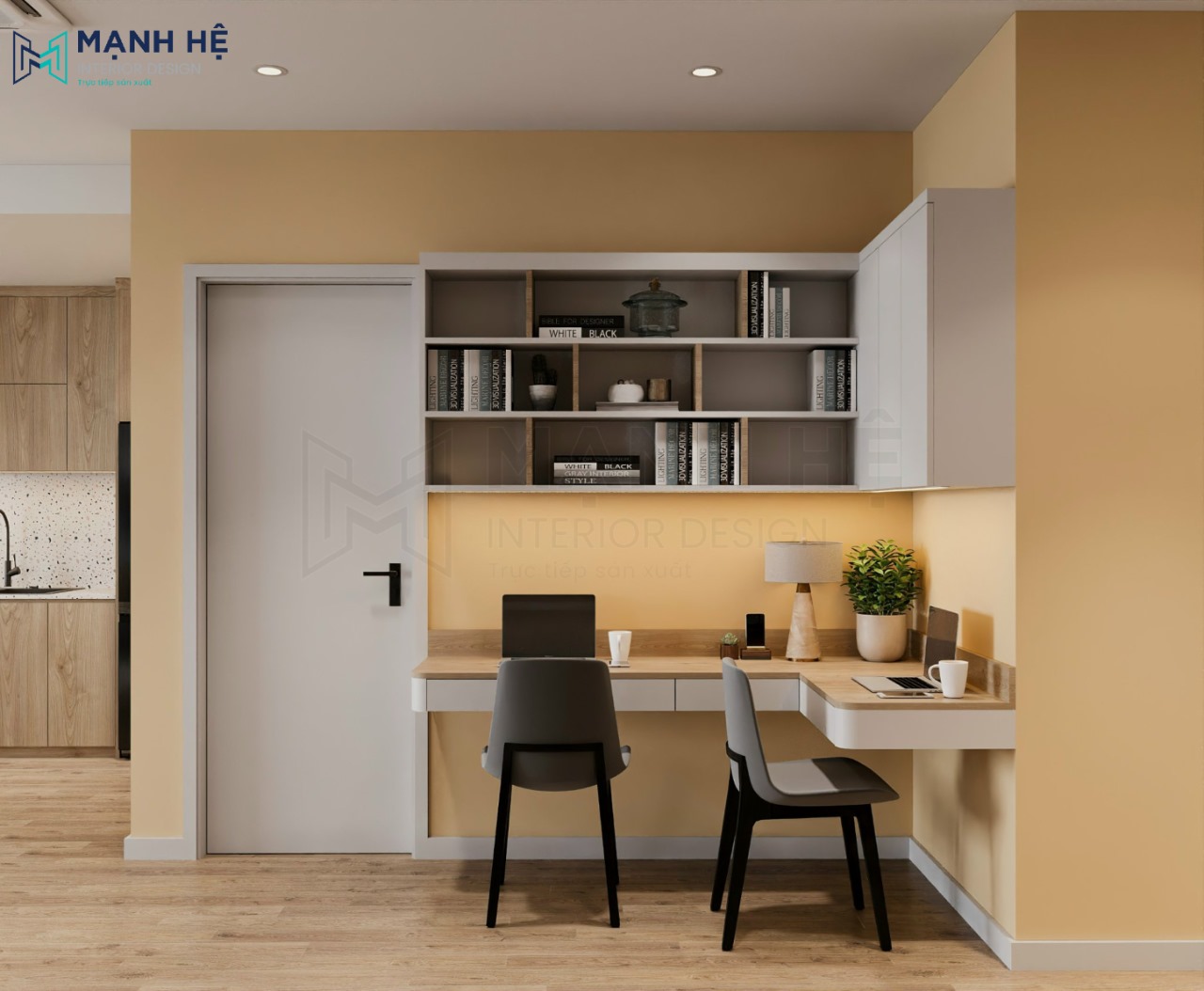 Bàn làm việc và kệ sách treo tường được đặt trước căn phòng ngủ