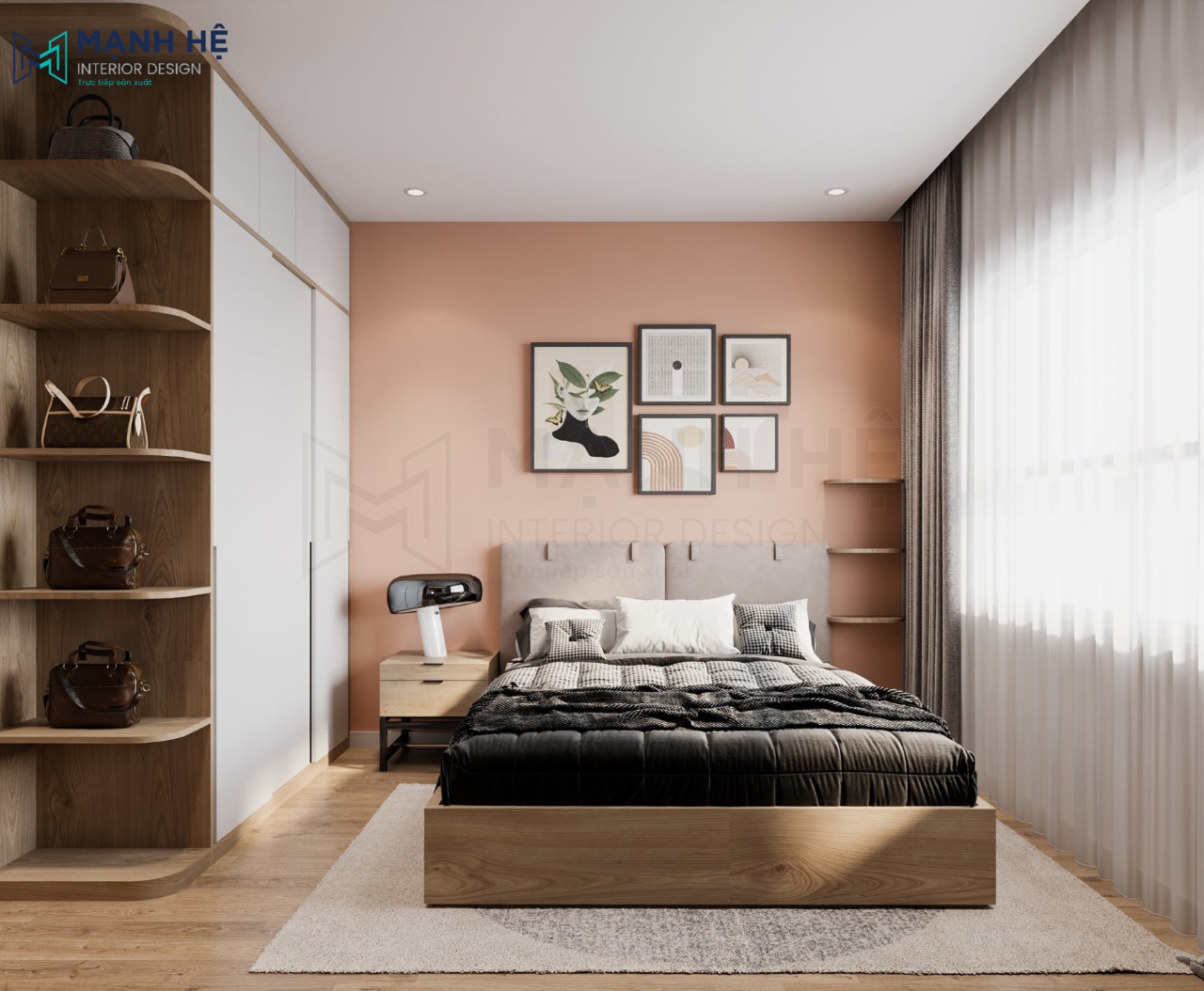 Thiết kế phòng ngủ master màu hồng cam cho gia chủ trẻ tuổi