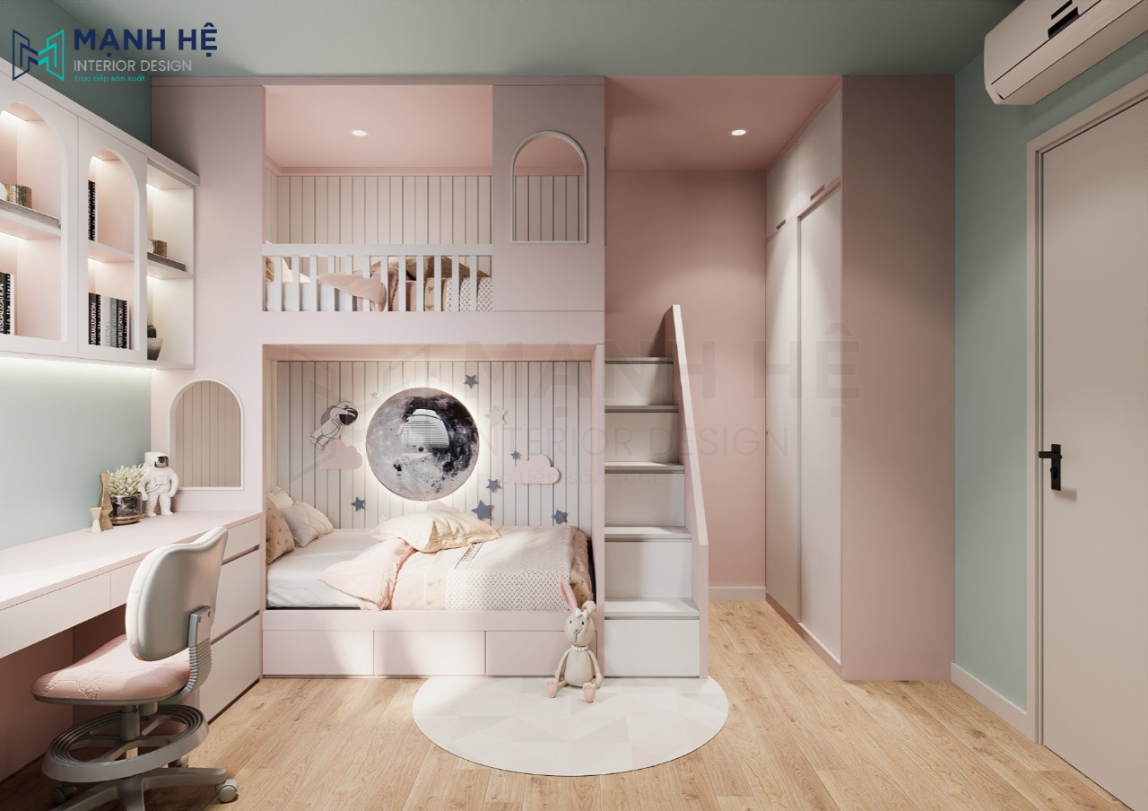 Thiết kế phòng ngủ nhỏ cho bé có giường tầng màu hồng đáng yêu