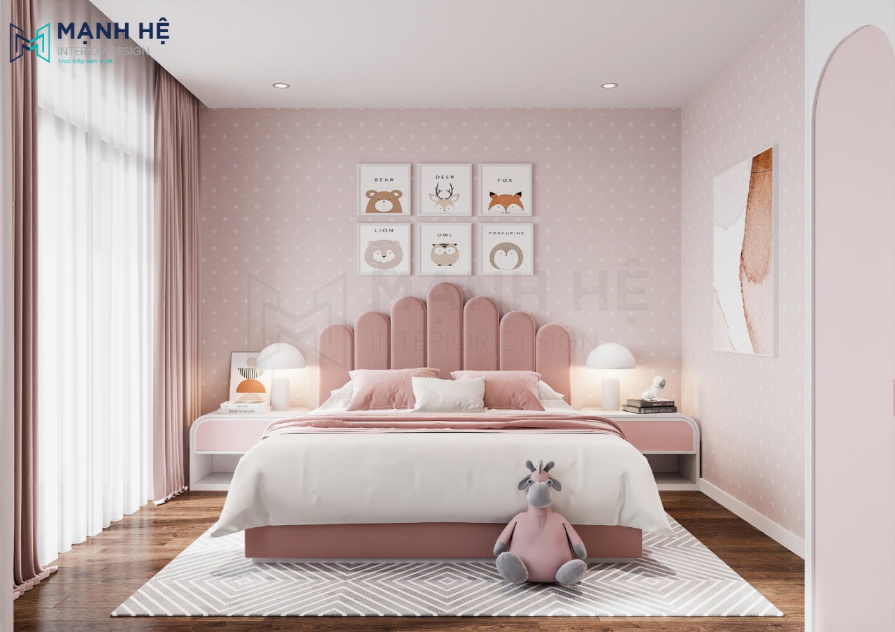 Thiết kế phòng ngủ màu hồng cho bé gái xinh xắn